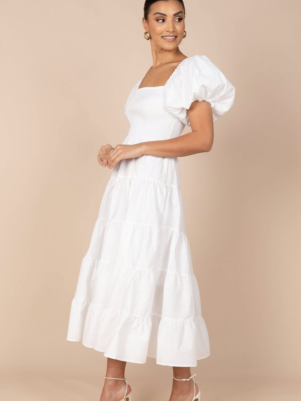 NWT petal & pup Annette Puff White Sleeve Shirred Midi Dress Size S - Picture 4 of 9